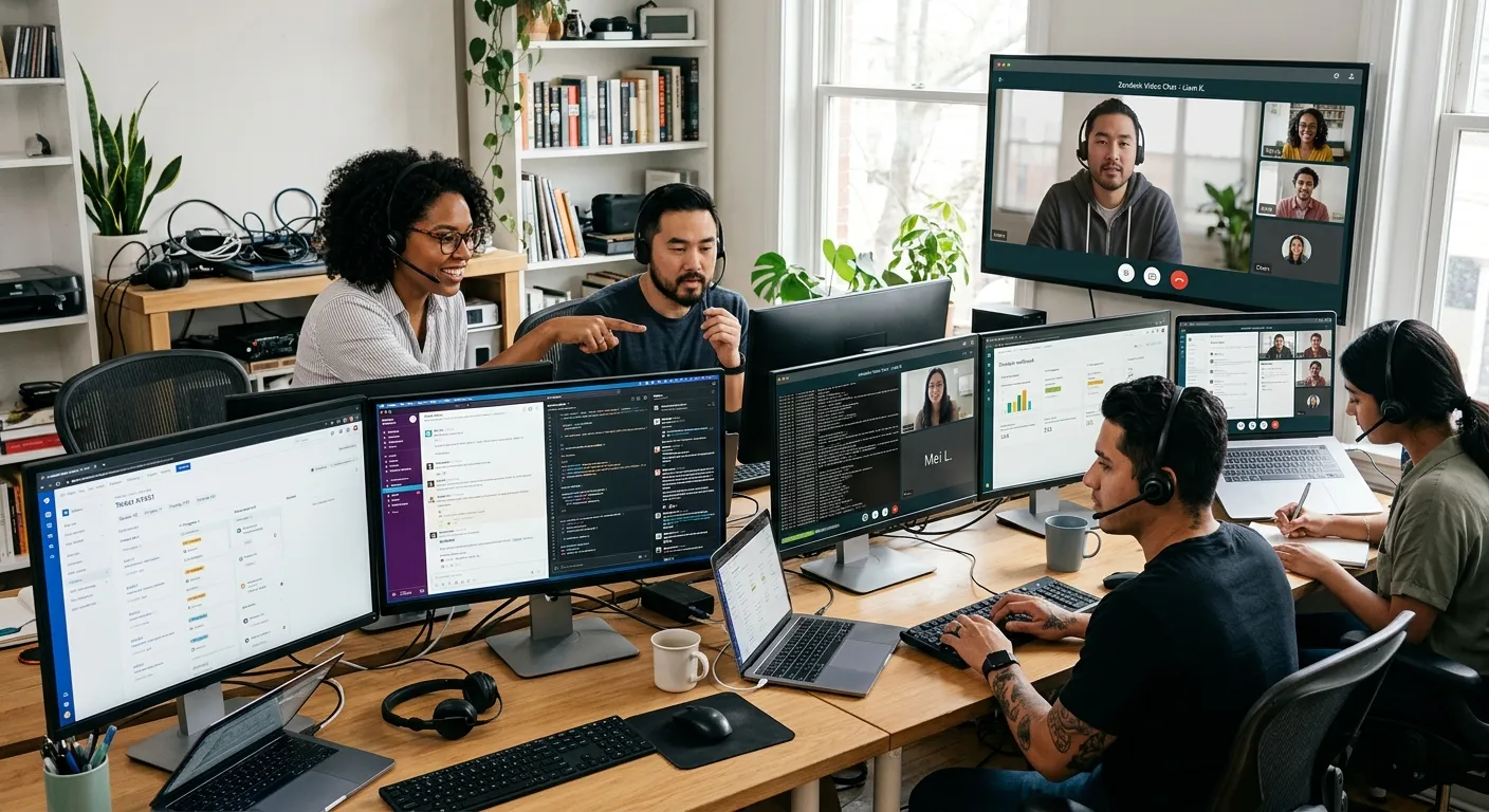 A modern, diverse team of IT support professionals collaborating on multiple monitors in a home offi... A modern, diverse team of IT support professionals collaborating on multiple monitors in a home office setup, showing clear video calls and ticketing dashboards. Style is bright, professional, and tech-focused.