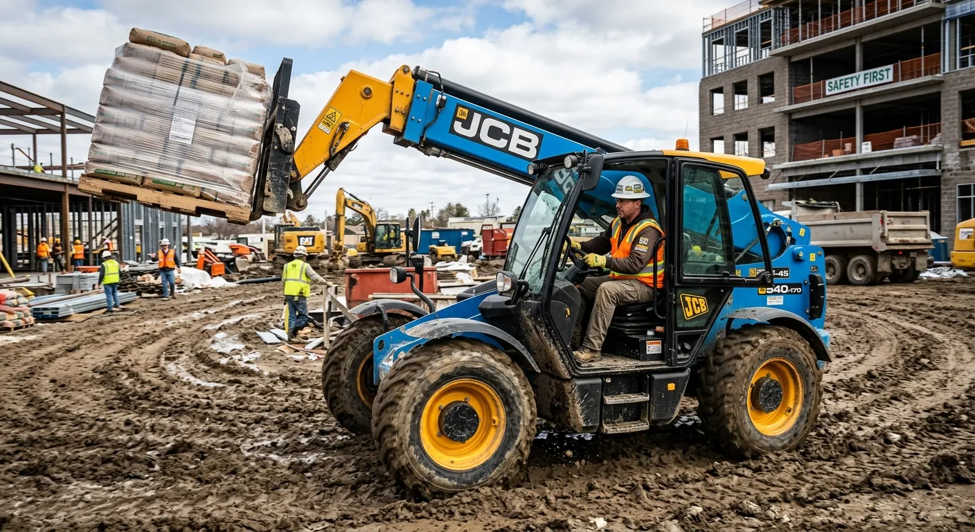 A professional, high-energy shot of a certified Rough Terrain Forklift Operator expertly maneuvering... A professional, high-energy shot of a certified Rough Terrain Forklift Operator expertly maneuvering a large telehandler on a muddy, active construction site. The operator is focused, wearing full PPE including a hard hat and hi-vis vest. The image conveys skill, safety, and industrial power.