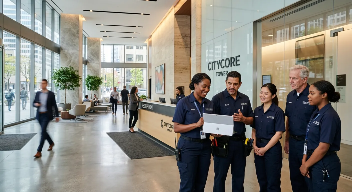 A modern, well-lit commercial building lobby with a diverse team of facilities management profession... A modern, well-lit commercial building lobby with a diverse team of facilities management professionals in uniform, discussing a digital tablet. Corporate, professional, and dynamic mood.