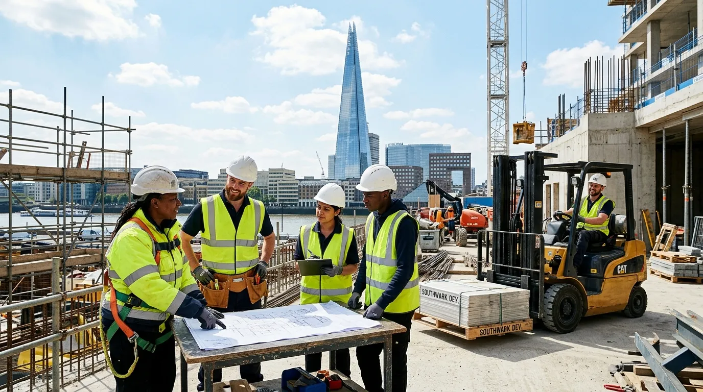A dynamic, professional hero image showing a diverse team of construction and warehouse workers collaborating on a modern Southwark construction site with The Shard visible in the background, bright daylight, high contrast.