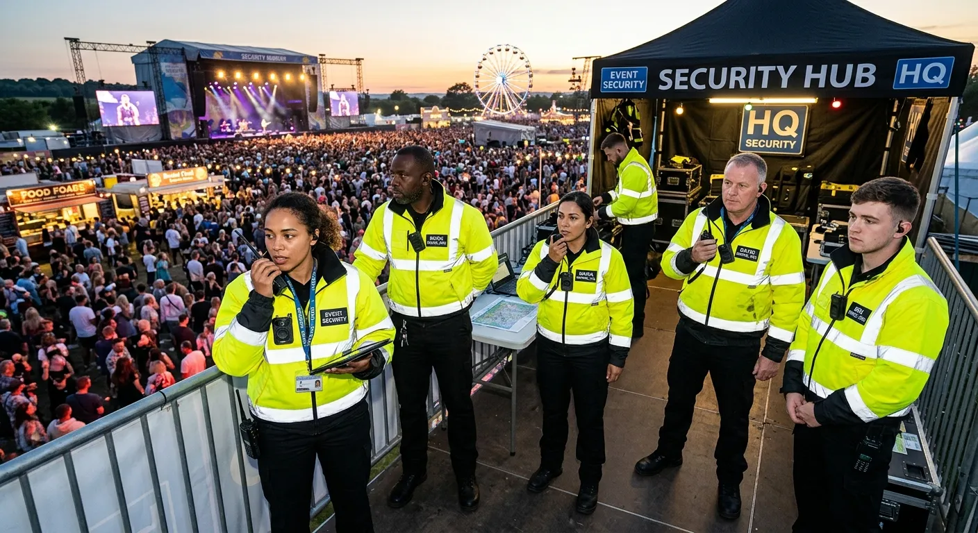 A professional, high-angle shot of a diverse team of event security personnel in high-visibility jac... A professional, high-angle shot of a diverse team of event security personnel in high-visibility jackets, communicating via radio headsets at a large, well-lit outdoor festival at dusk. The mood is vigilant, organised, and authoritative.