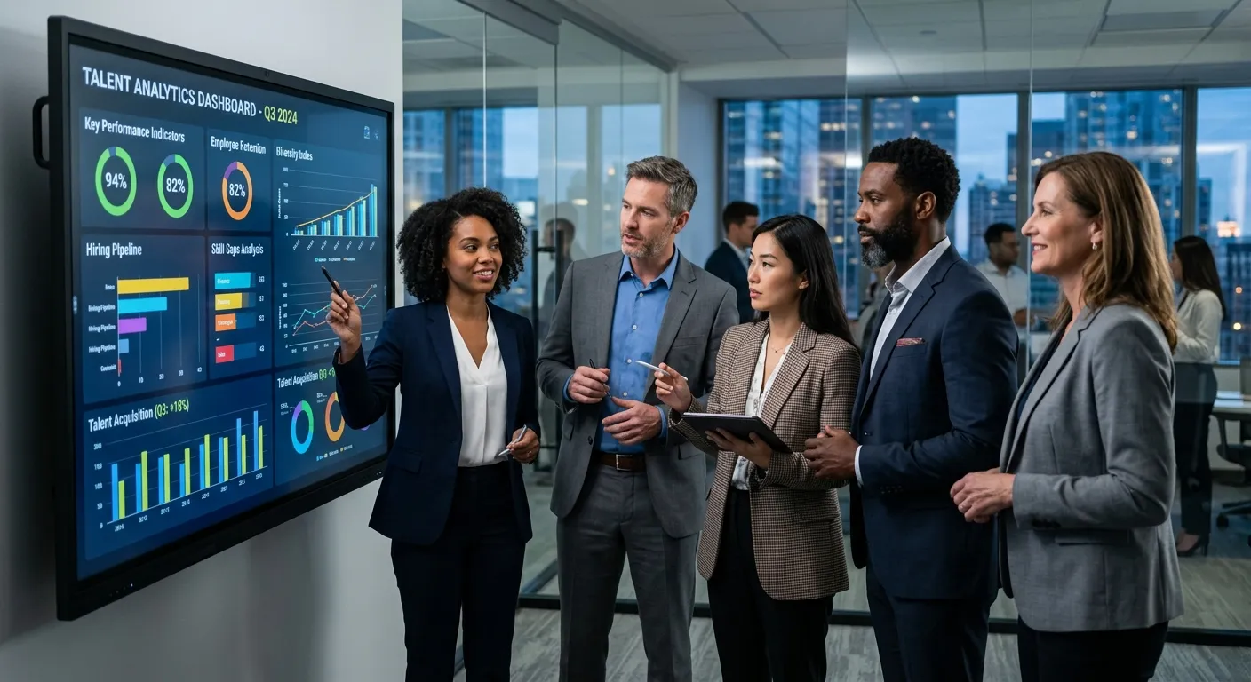 A professional, high-contrast image of a diverse team of business professionals in a modern office,... A professional, high-contrast image of a diverse team of business professionals in a modern office, collaborating and looking at a digital screen displaying talent analytics. Style: Corporate, confident, forward-thinking. Mood: Strategic, successful, and dynamic.