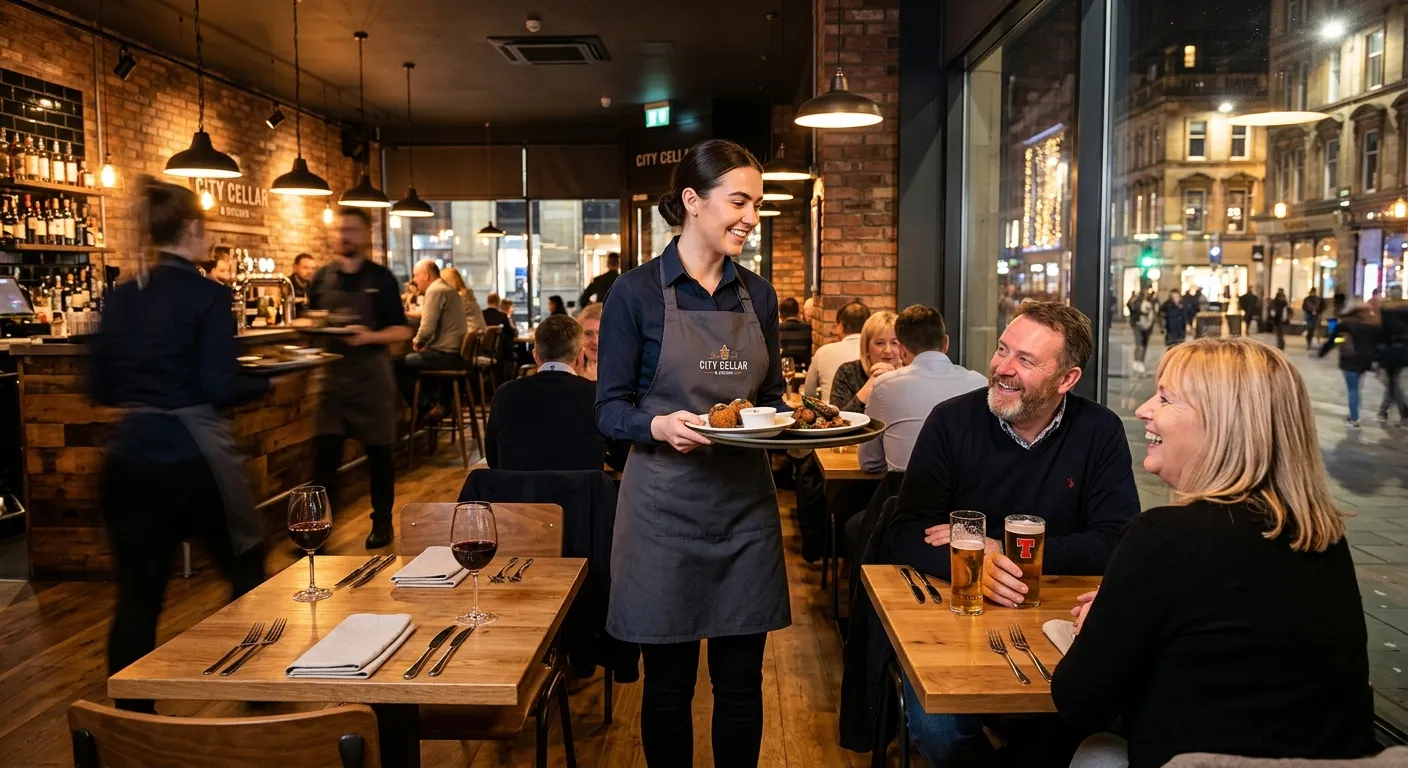 A professional, welcoming image of a waiter or waitress in a smart uniform, confidently serving customers in a contemporary Glasgow city centre restaurant or hotel dining room. The image should convey energy, professionalism, and the vibrant local hospitality scene.