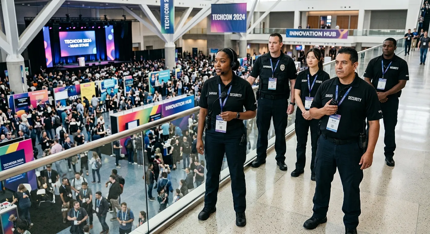 A professional, high-angle shot of a diverse team of uniformed event security and staff at a large, well-organized conference or concert venue. The mood is authoritative, calm, and in control, with a slight depth-of-field focus on the team.