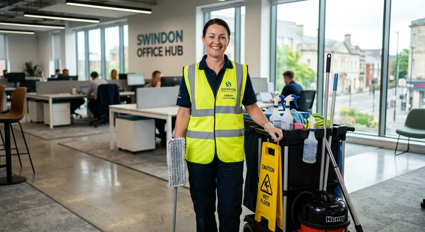 A professional, smiling cleaner in a modern office environment in Swindon, wearing a high-vis vest, holding cleaning equipment, looking confident and ready to work.