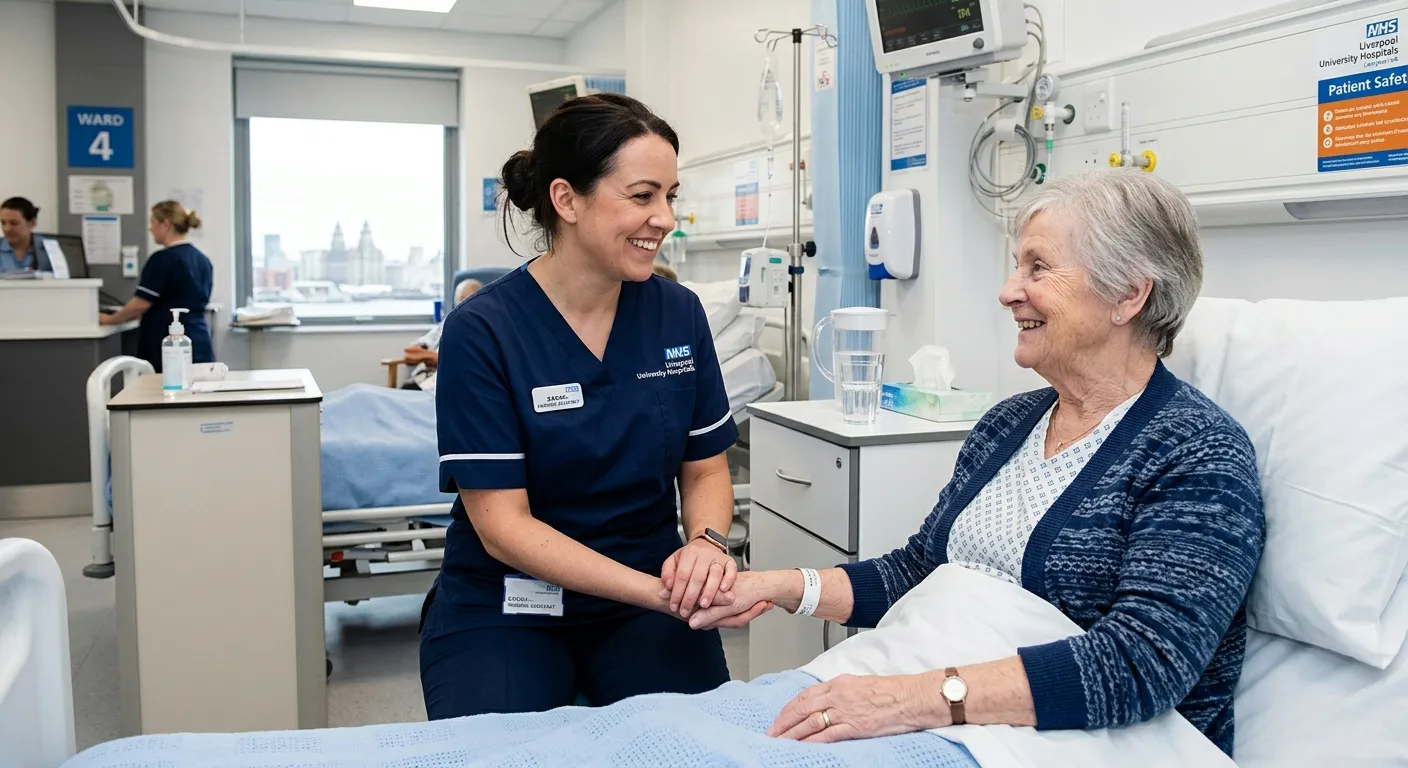 A professional, friendly-looking Nursing Assistant in a healthcare setting in Liverpool, assisting a... A professional, friendly-looking Nursing Assistant in a healthcare setting in Liverpool, assisting a patient with a warm, reassuring smile. The image should convey care, professionalism, and a modern, clean clinical environment.