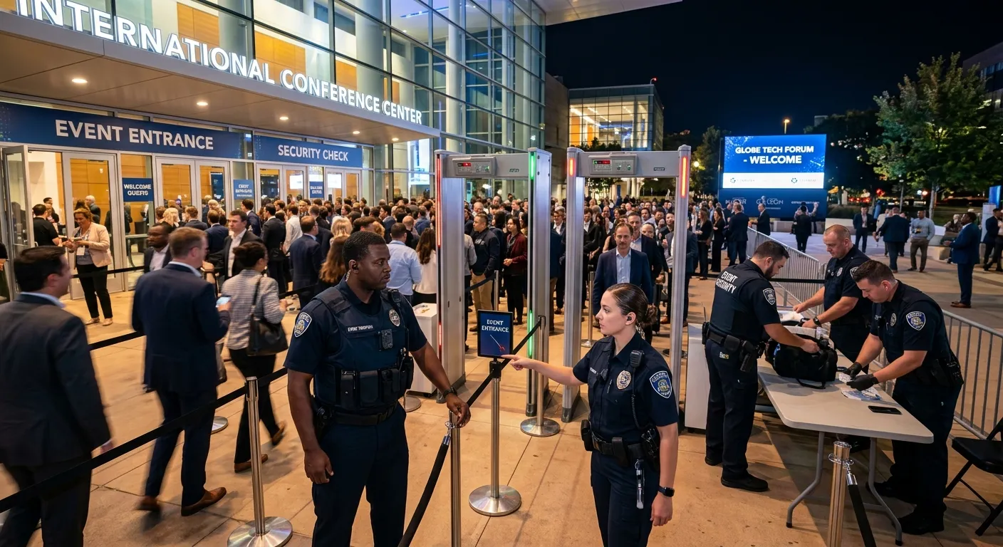 A professional, wide-angle shot of uniformed security personnel managing a crowded, well-lit event e... A professional, wide-angle shot of uniformed security personnel managing a crowded, well-lit event entrance at night, showcasing coordination and vigilance. Corporate, high-resolution.