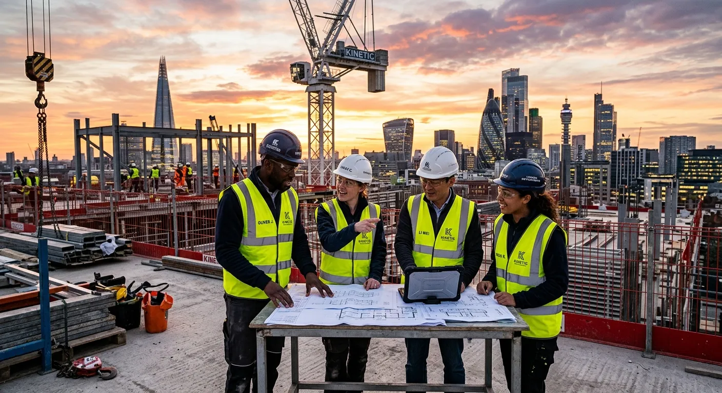 Modern construction site in London with a diverse team of skilled workers and project managers revie... Modern construction site in London with a diverse team of skilled workers and project managers reviewing plans, set against the iconic London skyline at sunset. Professional, high-energy mood.