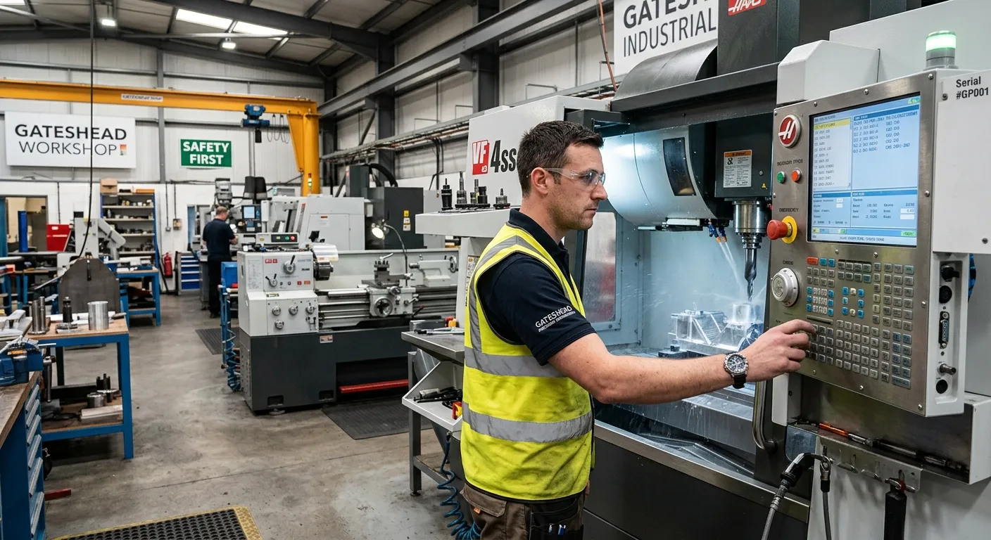 A professional CNC Operator in a modern manufacturing workshop in Gateshead, focused on operating a... A professional CNC Operator in a modern manufacturing workshop in Gateshead, focused on operating a CNC milling machine, wearing safety glasses and high-vis clothing, conveying skill and a high-tech industrial environment.