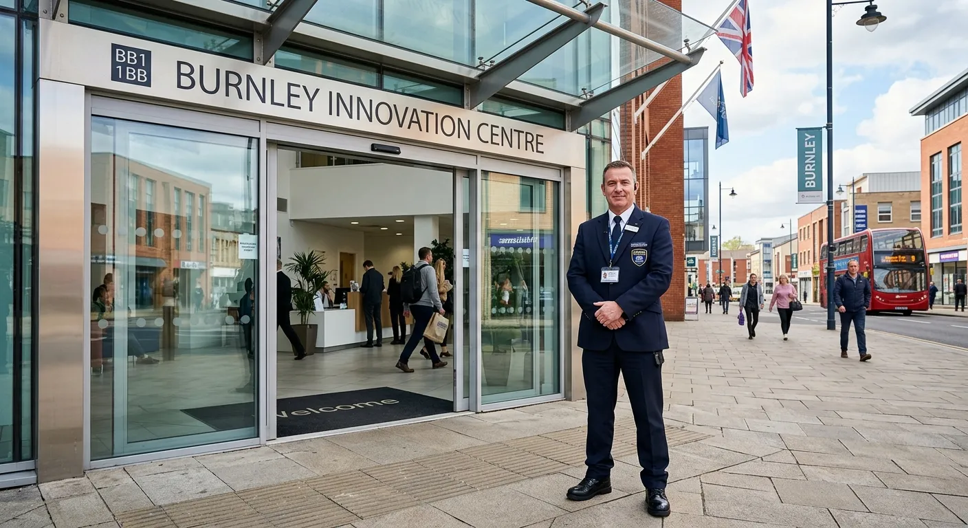 A professional, confident security guard in uniform standing at the entrance of a modern commercial... A professional, confident security guard in uniform standing at the entrance of a modern commercial building in Burnley, providing a welcoming and authoritative first impression.