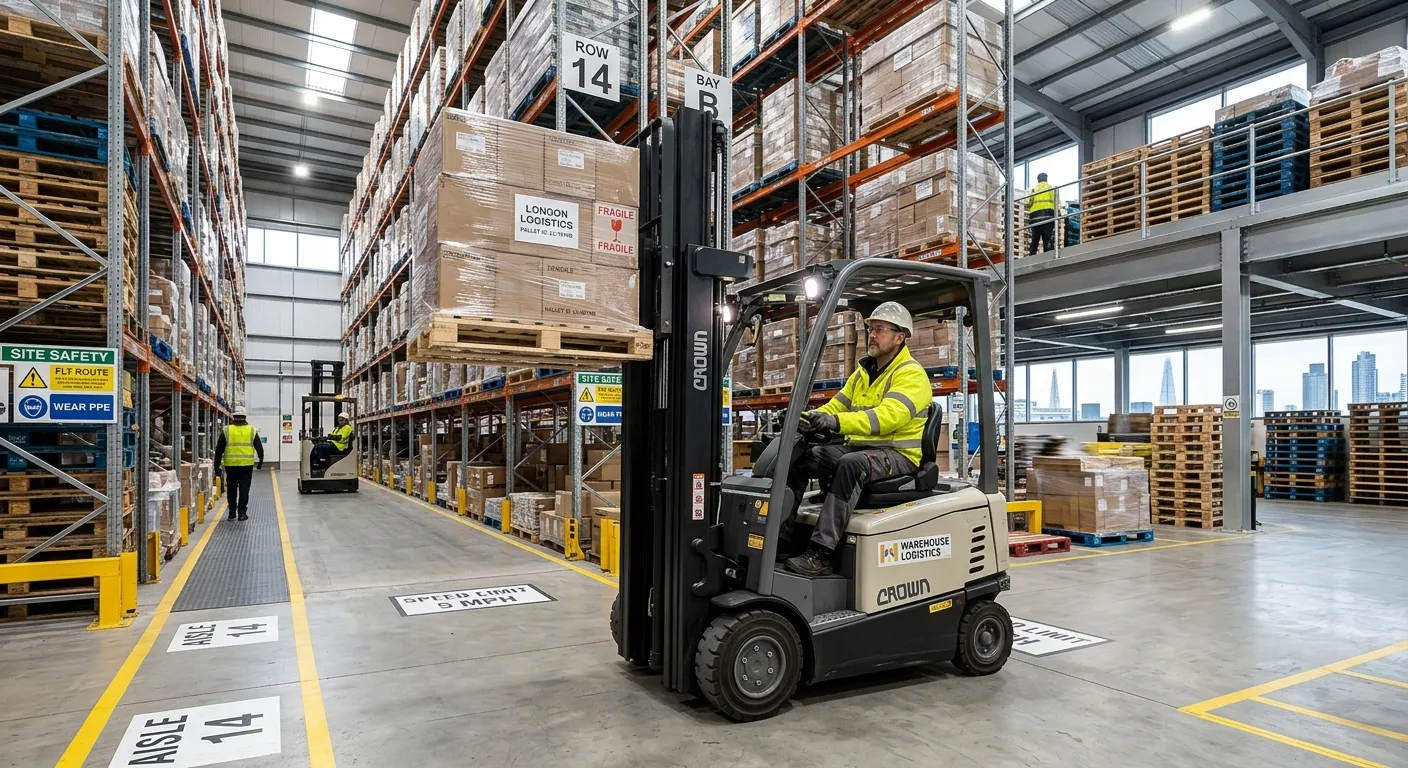 A professional Forklift Driver in a high-bay warehouse in London, safely manoeuvring pallets in a mo... A professional Forklift Driver in a high-bay warehouse in London, safely manoeuvring pallets in a modern, well-organised logistics facility, wearing high-visibility gear and focused on the task.