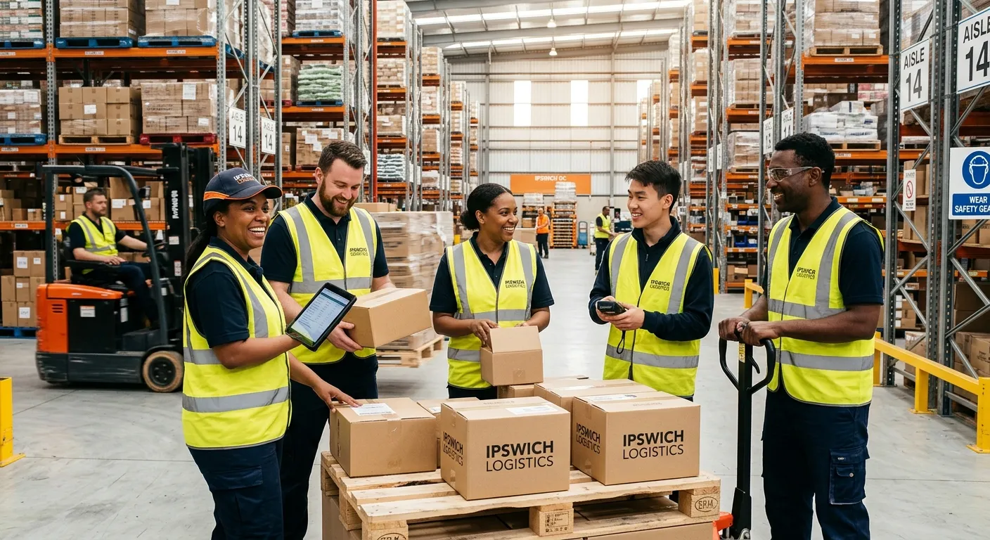 A professional, high-energy photo of a diverse team of warehouse operatives in a modern, well-lit Ip... A professional, high-energy photo of a diverse team of warehouse operatives in a modern, well-lit Ipswich distribution centre. They are smiling and collaborating, with boxes and forklifts visible in the background. Style: Authentic, bright, and aspirational.