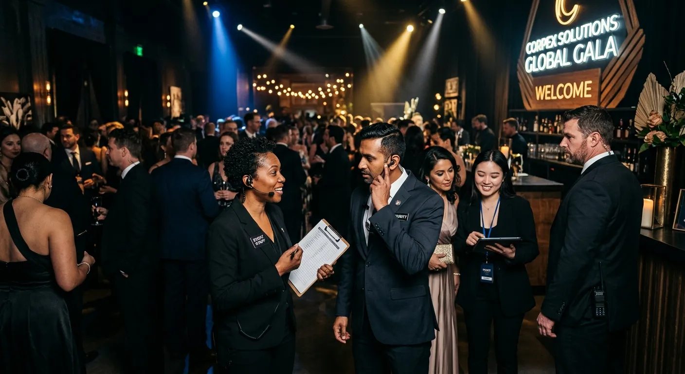 A professional, high-energy event scene showing a diverse team of event staff and security personnel working seamlessly together at a corporate gala. Focus on coordination, communication, and professionalism. Moody, sharp lighting.