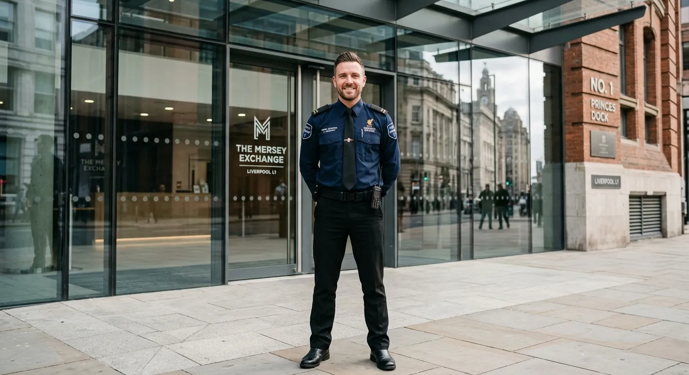 A professional, trustworthy security officer in uniform, standing confidently at the entrance of a m... A professional, trustworthy security officer in uniform, standing confidently at the entrance of a modern Liverpool L1 office building, looking at the camera. Style: realistic, high-resolution, professional recruitment photo.
