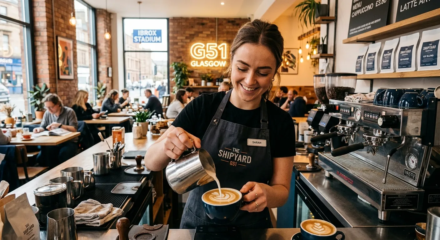 A professional, welcoming Barista in a modern Glasgow coffee shop, expertly crafting a latte art cap... A professional, welcoming Barista in a modern Glasgow coffee shop, expertly crafting a latte art cappuccino. The atmosphere is bright, clean, and bustling, representing the vibrant hospitality scene in the G51 postcode area.