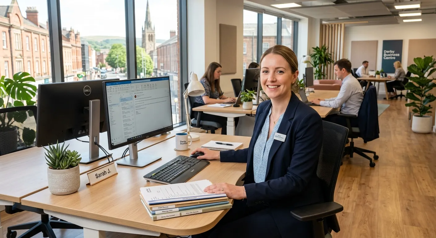 A professional, welcoming office environment in Derby, with a friendly Administrative Assistant at a... A professional, welcoming office environment in Derby, with a friendly Administrative Assistant at a modern desk, managing documents and a computer. Style: Bright, realistic, and aspirational.