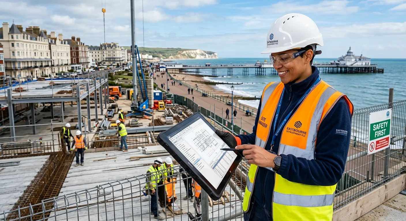 A professional, confident Quantity Surveyor on a modern construction site in Eastbourne, reviewing p... A professional, confident Quantity Surveyor on a modern construction site in Eastbourne, reviewing plans with a tablet, wearing a hi-vis jacket and hard hat, with the Eastbourne seafront visible in the background. Style: professional, aspirational, local.