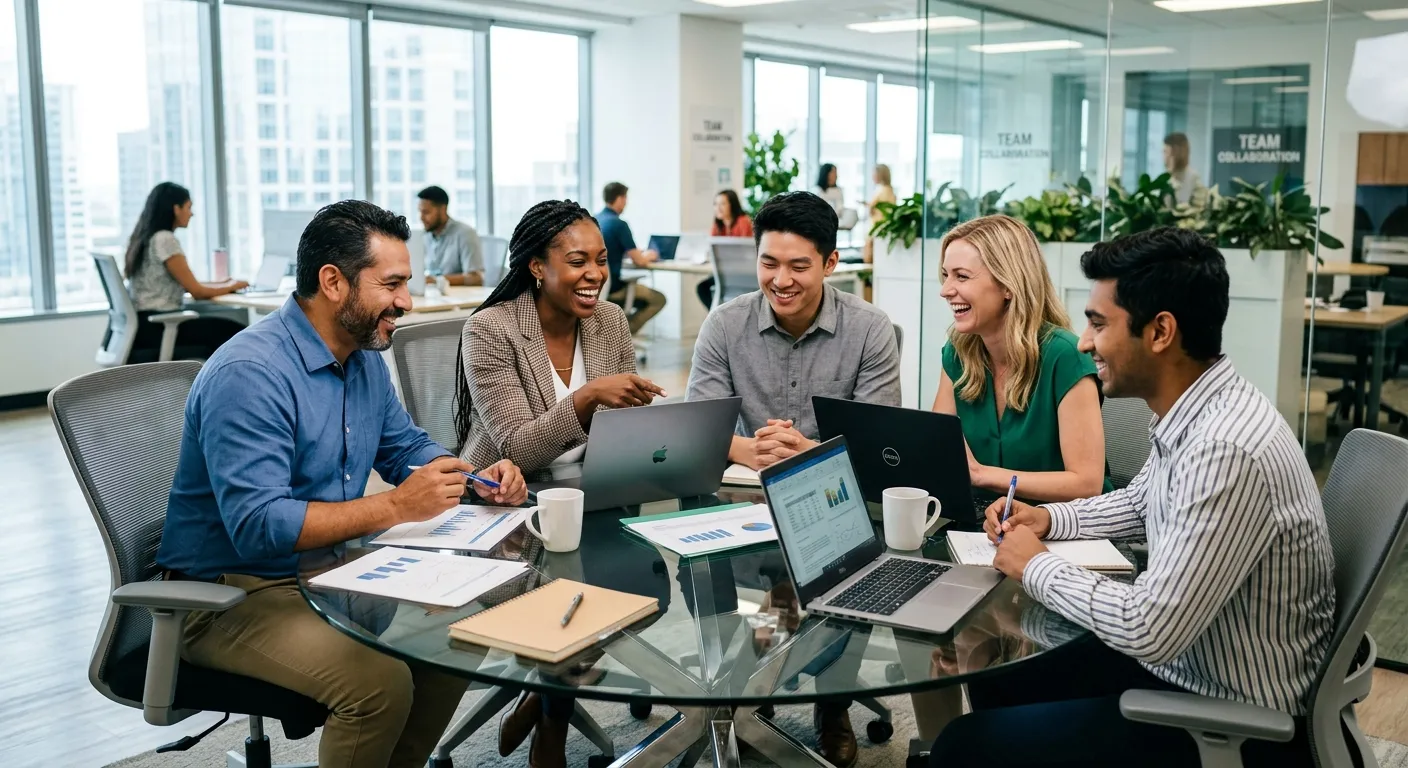 A professional, high-energy photo of a diverse team of administrative professionals in a modern offi... A professional, high-energy photo of a diverse team of administrative professionals in a modern office setting, collaborating around a glass table with laptops and documents. Focus on smiling faces and a productive atmosphere. Style: Corporate, vibrant, aspirational.