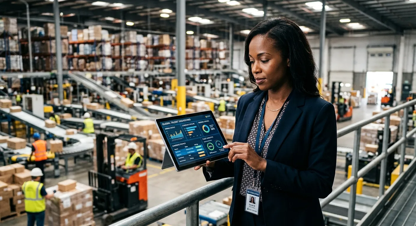 A professional, high-contrast image of a modern HR executive reviewing a digital talent dashboard on a tablet, with a blurred background of a bustling warehouse or construction site, symbolizing the blend of elite recruitment and industrial staffing.