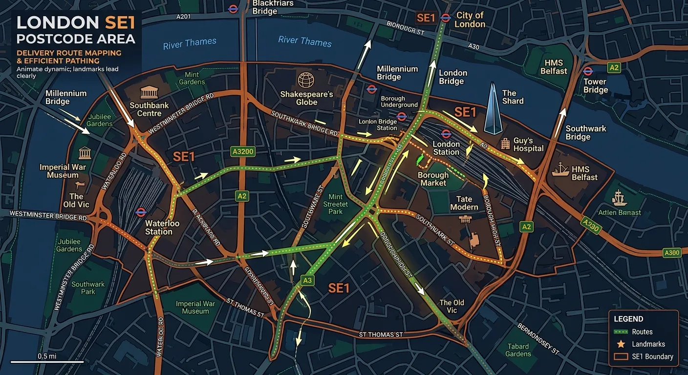 A detailed map of London SE1 postcode area, highlighting major roads, landmarks like London Bridge and Borough Market, and common delivery routes with animated arrows showing efficient pathing
