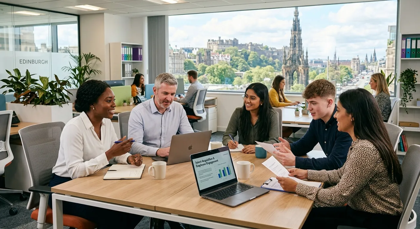 Professional, modern office environment in central Edinburgh, with a diverse HR team collaborating around a desk. The image should convey efficiency, support, and a welcoming workplace culture.