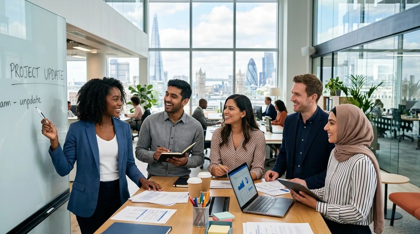 A dynamic, professional hero image showing a diverse group of temporary workers in a modern London office setting, smiling and collaborating. The style is bright, energetic, and corporate.