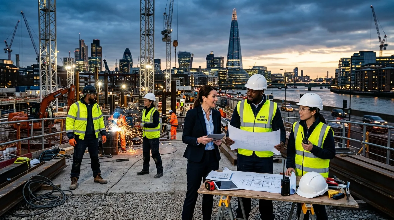 A dynamic, high-contrast hero image of a modern London construction site at dusk, with the Shard and... A dynamic, high-contrast hero image of a modern London construction site at dusk, with the Shard and other iconic buildings in the background. Foreground shows a diverse team of construction professionals in high-vis gear collaborating, with a recruitment consultant in professional attire discussing plans. Style is professional, aspirational, and energetic.