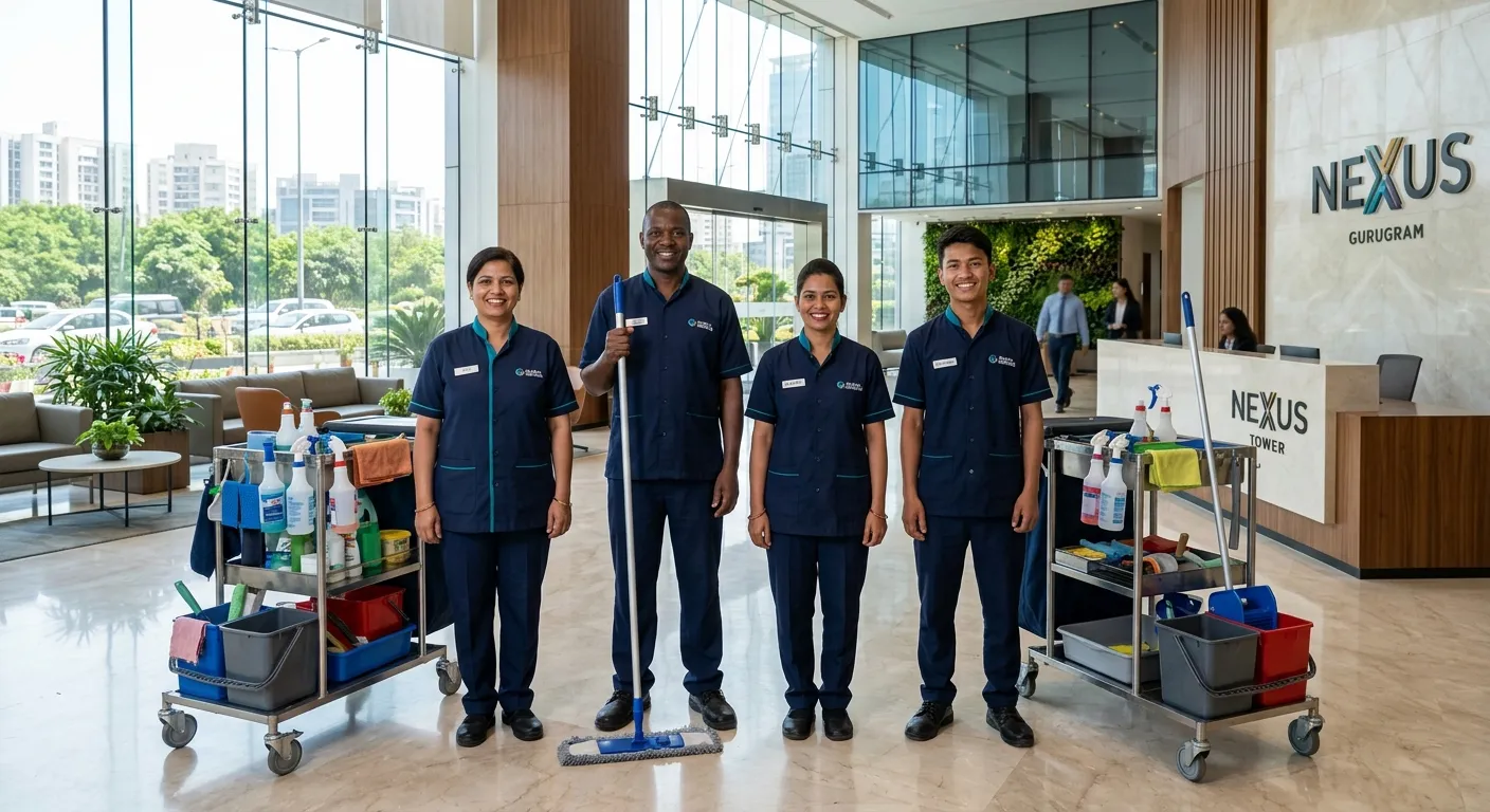 Professional, diverse team of housekeeping staff in crisp uniforms, smiling and equipped with cleani... Professional, diverse team of housekeeping staff in crisp uniforms, smiling and equipped with cleaning trolleys, standing in a modern, sunlit Gurugram corporate lobby. Style: High-resolution, professional corporate photography with a focus on teamwork and readiness.
