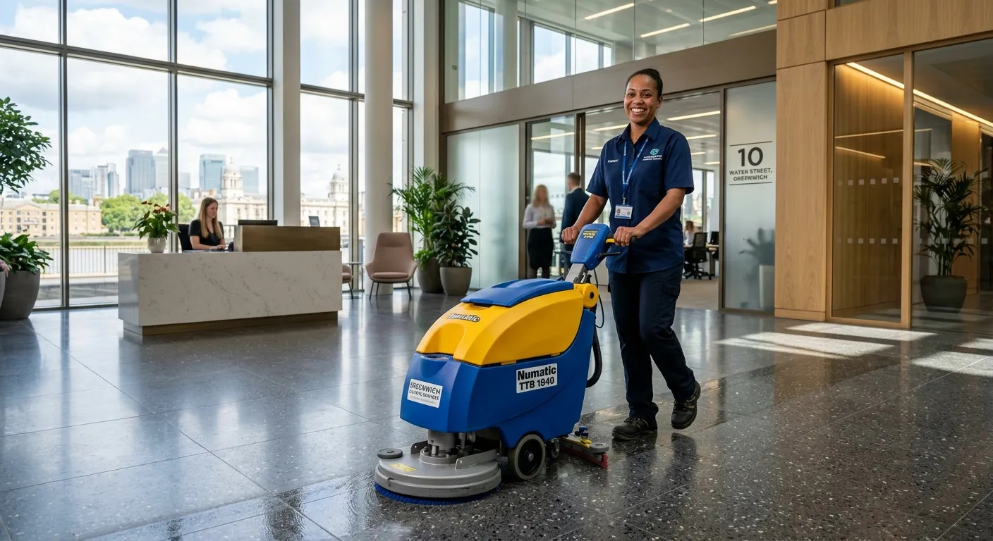 A professional, well-lit photo of a smiling cleaner in a crisp uniform, confidently operating a high... A professional, well-lit photo of a smiling cleaner in a crisp uniform, confidently operating a high-quality floor cleaning machine in a modern, bright office lobby in Greenwich. The image conveys professionalism, pride in work, and a spotless environment.