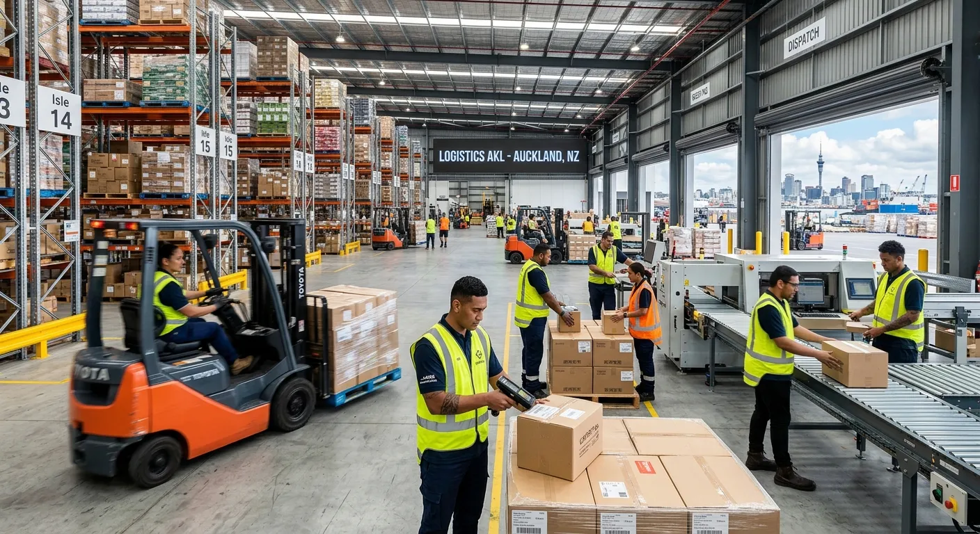 A dynamic, high-energy hero image of a modern, efficient logistics warehouse in Auckland. The scene shows diverse, professional shippers and warehouse operatives managing inventory with forklifts and digital scanners. The style is sharp, professional, and conveys speed and precision.