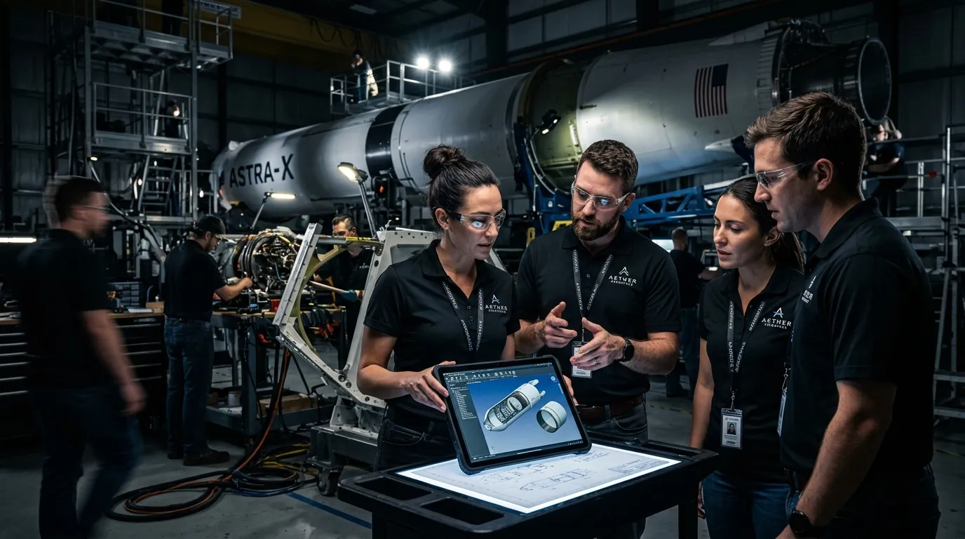 A high-contrast hero image of a modern aerospace engineering team in a hangar or cleanroom, reviewin... A high-contrast hero image of a modern aerospace engineering team in a hangar or cleanroom, reviewing blueprints on a digital tablet. The mood is professional, innovative, and high-tech, with a focus on collaboration and precision.