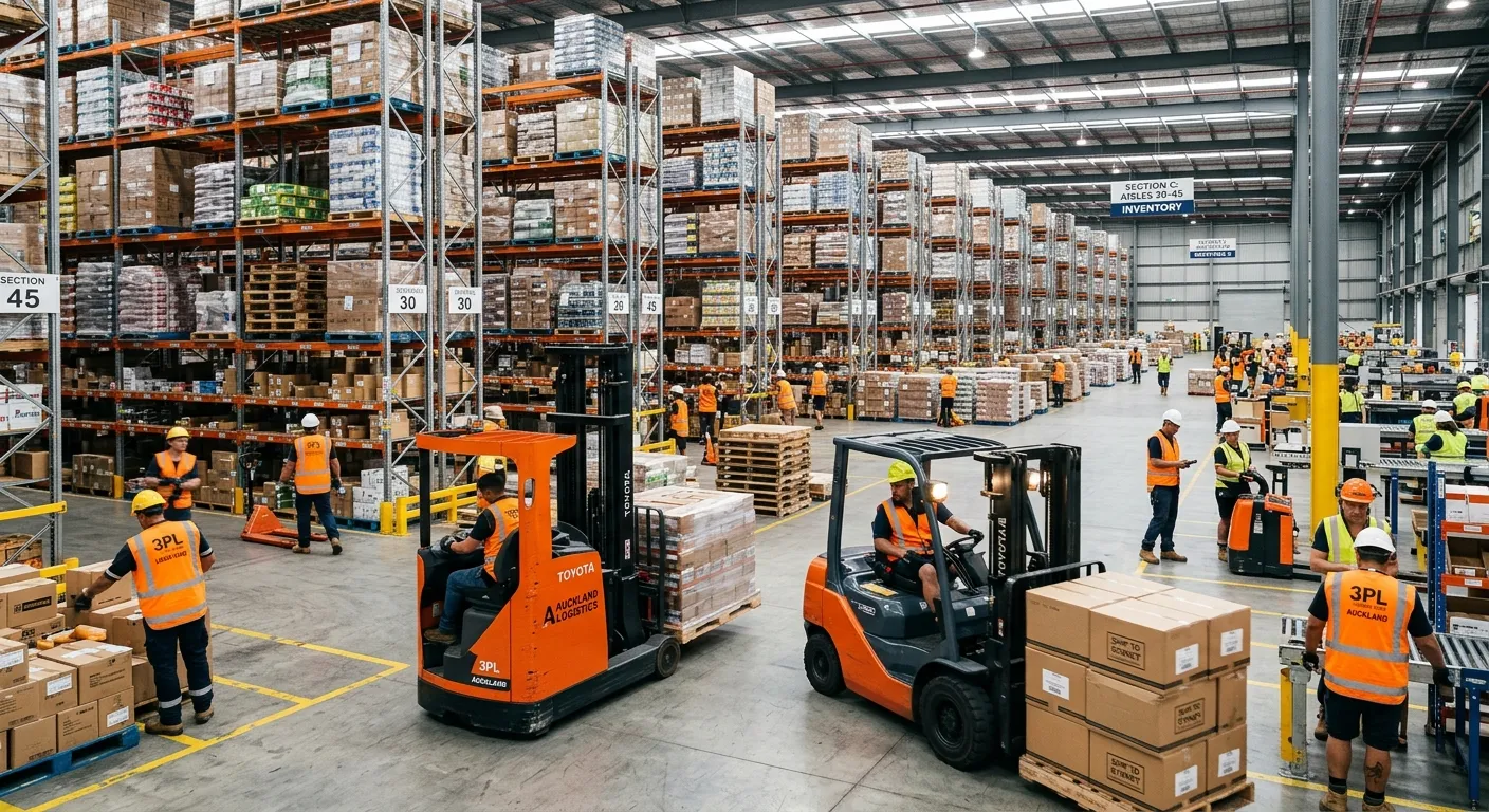 A modern, bustling 3PL warehouse in Auckland with workers in high-vis vests operating forklifts and... A modern, bustling 3PL warehouse in Auckland with workers in high-vis vests operating forklifts and picking orders, showcasing efficient scale.