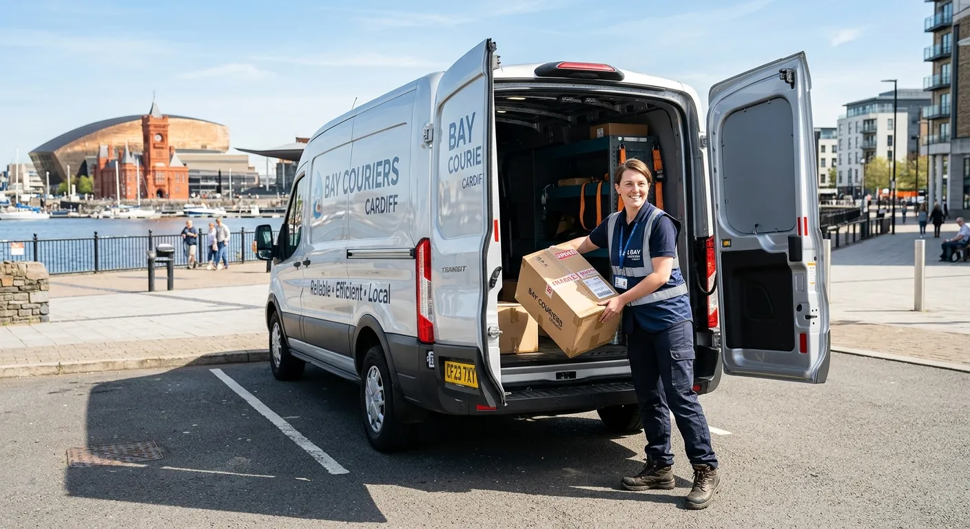 A professional, friendly courier driver in Cardiff, wearing a hi-vis vest, loading a secure package... A professional, friendly courier driver in Cardiff, wearing a hi-vis vest, loading a secure package into a clean, modern van on a sunny day in Cardiff Bay, conveying reliability and efficiency.