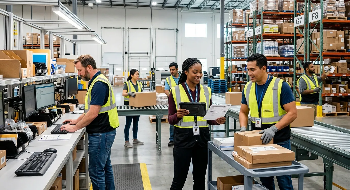 A dynamic, professional image of a diverse team of temporary workers collaborating in a modern wareh... A dynamic, professional image of a diverse team of temporary workers collaborating in a modern warehouse or office setting, showcasing energy and efficiency. Style: Corporate, vibrant, high-contrast.