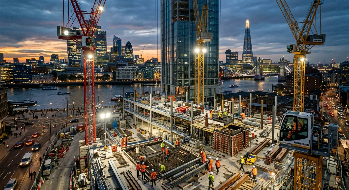 Dynamic, high-angle shot of a modern London construction site at dusk, with the Shard and other icon... Dynamic, high-angle shot of a modern London construction site at dusk, with the Shard and other iconic buildings in the background. Cranes are lit, workers are visible, conveying scale, activity, and professionalism.