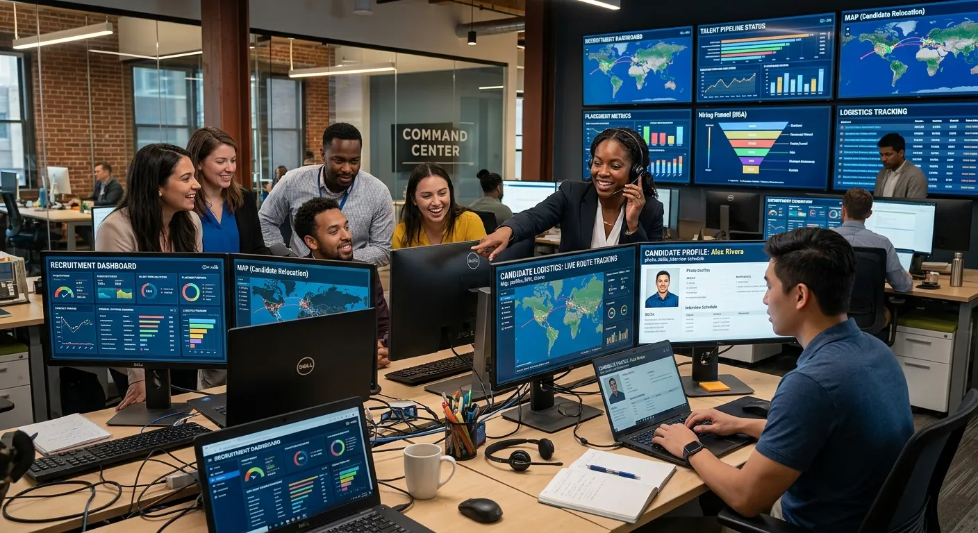 A professional, high-energy office scene. A diverse team of recruitment specialists in a modern command center, actively working on multiple screens displaying logistics dashboards, candidate profiles, and maps. Style: Corporate, vibrant, and dynamic with a focus on communication technology.
