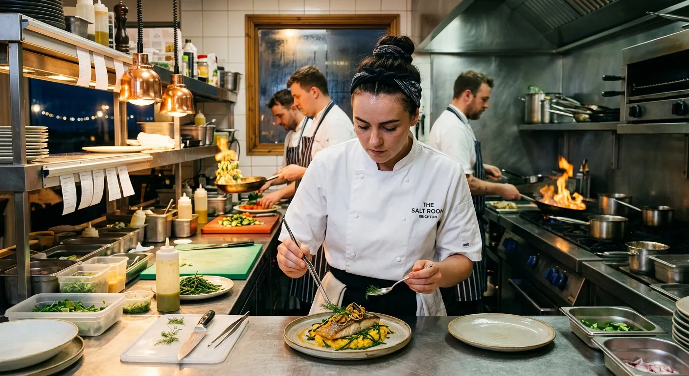 A professional and dynamic kitchen scene in a Brighton restaurant. A focused Chef de Partie in crisp whites is plating a dish, with a team working efficiently in the background. The image conveys skill, energy, and a high-standard culinary environment.
