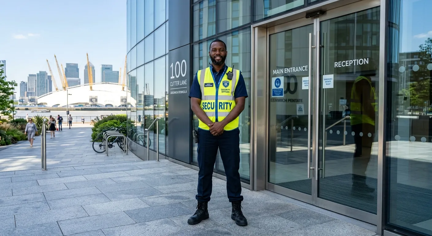 Professional, confident Security Officer in a hi-vis vest, standing at the entrance of a modern comm... Professional, confident Security Officer in a hi-vis vest, standing at the entrance of a modern commercial building in Greenwich, London, looking alert and approachable. Daylight, clear sky, professional mood.
