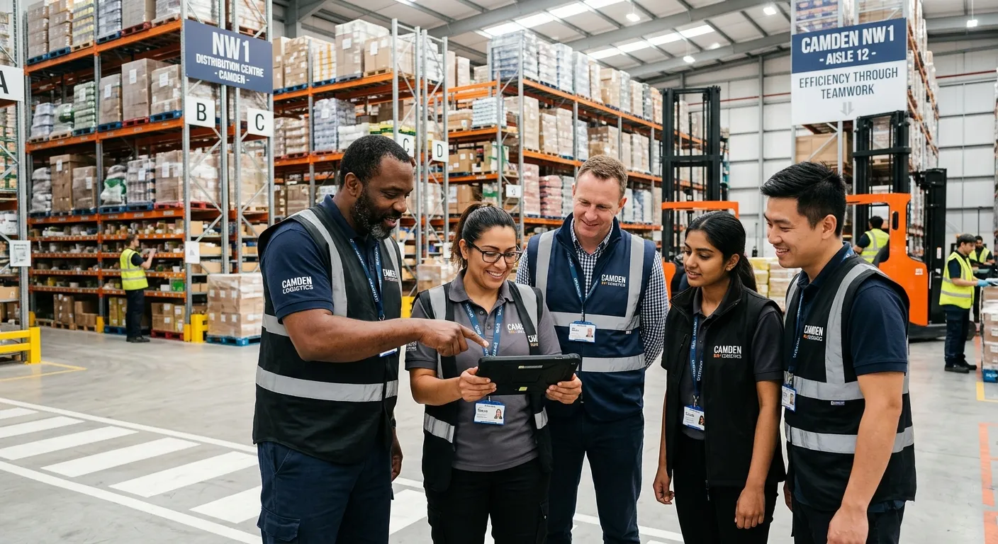 A professional, diverse team of warehouse supervisors in a modern, clean Camden NW1 distribution cen... A professional, diverse team of warehouse supervisors in a modern, clean Camden NW1 distribution centre, reviewing a tablet together. Bright, well-lit warehouse with racks in background, conveying a sense of efficiency and teamwork.