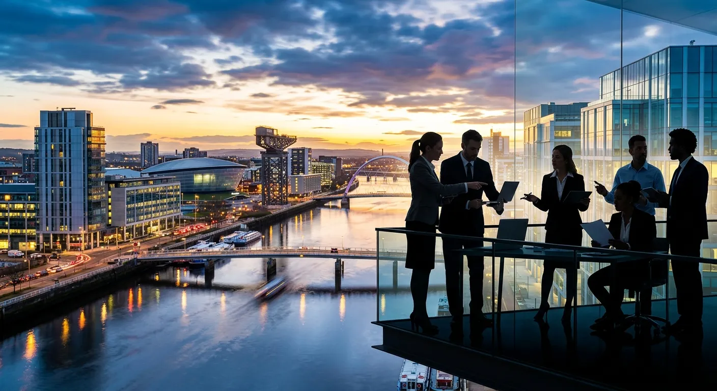 A dynamic, professional shot of Glasgow cityscape with modern office buildings and the River Clyde,... A dynamic, professional shot of Glasgow cityscape with modern office buildings and the River Clyde, overlaid with silhouettes of diverse professionals collaborating. Style: Inspiring, vibrant, modern. Mood: Energetic, professional, forward-looking.