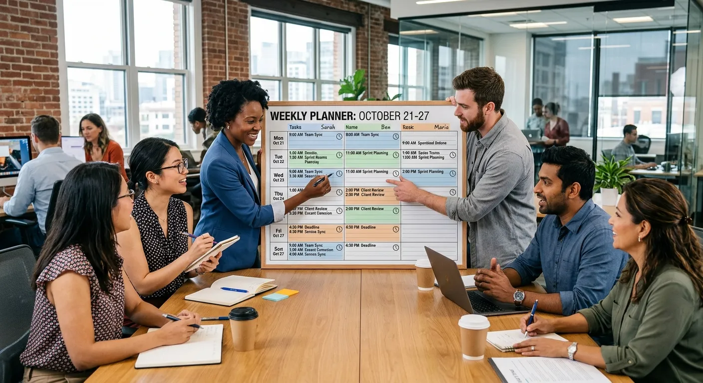 A dynamic, professional scene showing a diverse team collaborating in a modern office environment, with a focus on a central planner displaying weekly schedules and clock icons. Style: Corporate, energetic, high-contrast. Mood: Productive and organized.