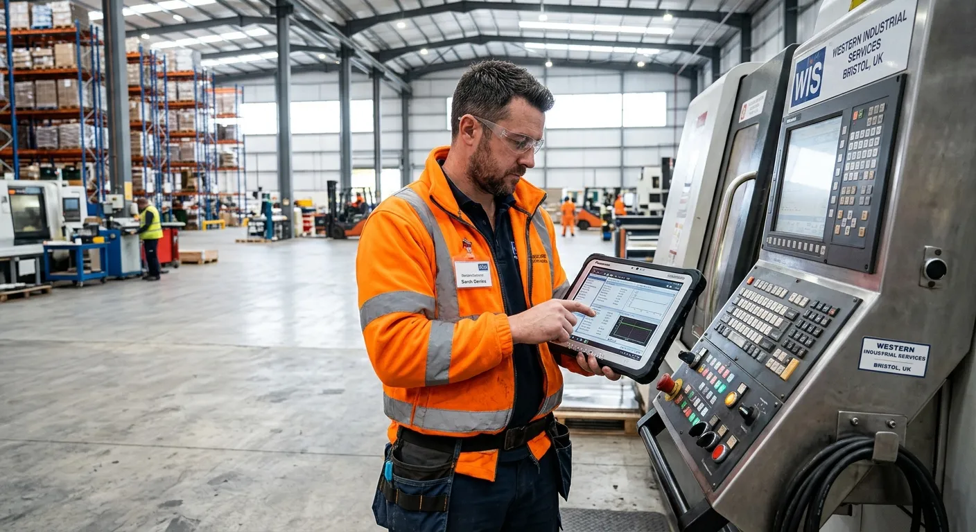 A focused maintenance technician in high-vis clothing using a tablet to diagnose a machine panel in... A focused maintenance technician in high-vis clothing using a tablet to diagnose a machine panel in a bright, modern industrial warehouse in Bristol