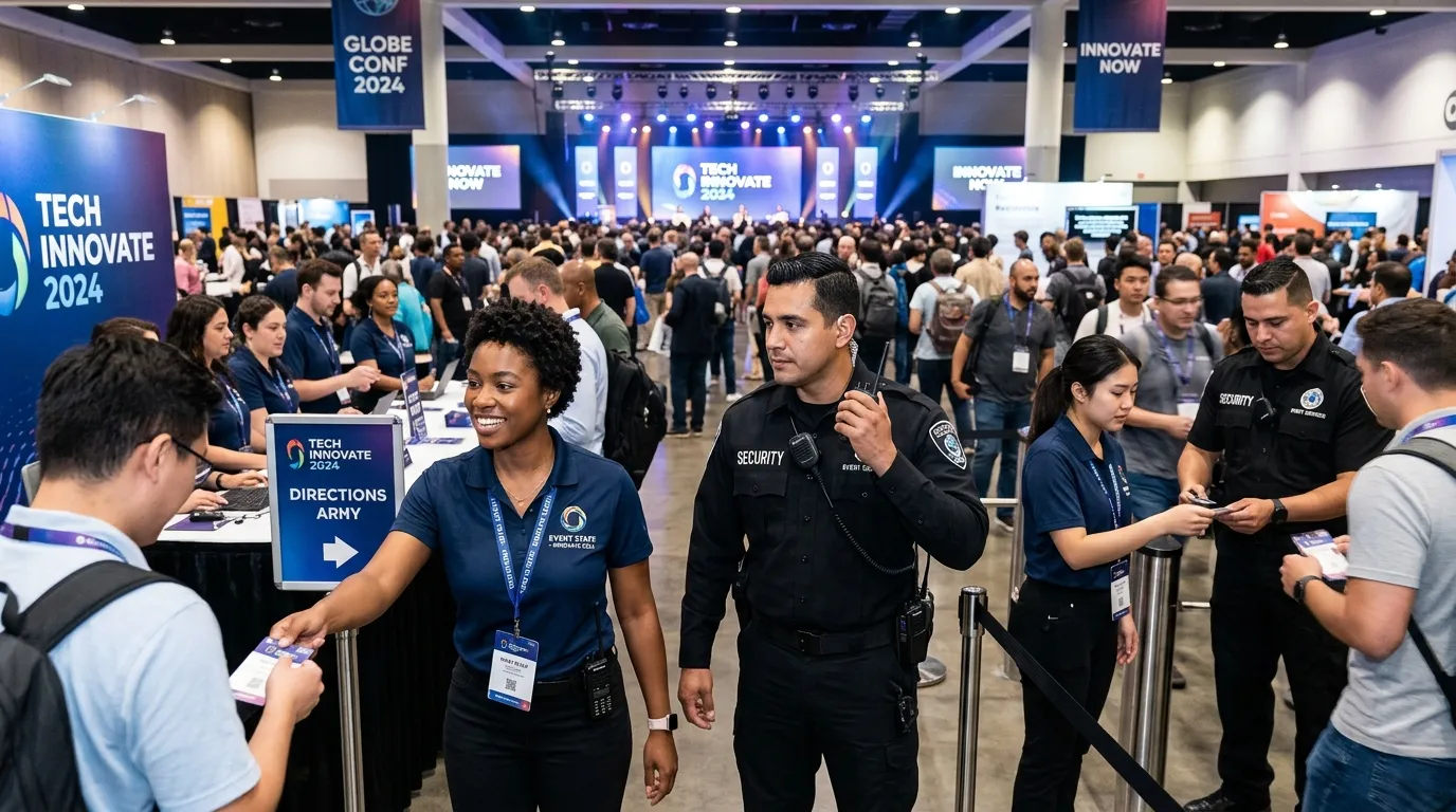 A dynamic hero image showing a professional, diverse team of event staff and security personnel work... A dynamic hero image showing a professional, diverse team of event staff and security personnel working seamlessly at a large, well-lit conference or festival. The mood is energetic, professional, and secure, with staff in branded attire coordinating and assisting attendees.