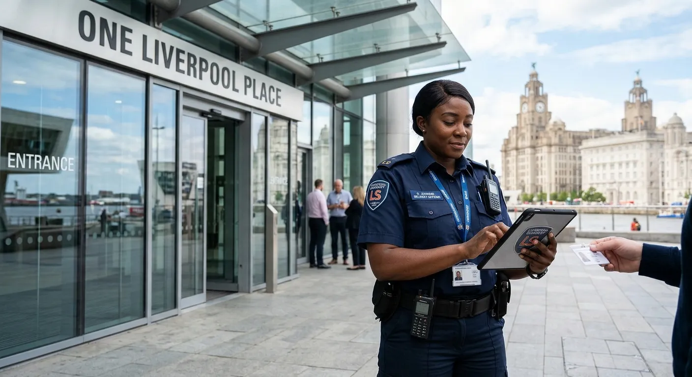 A professional, confident security officer in uniform, standing at the entrance of a modern commercial building in Liverpool, checking credentials on a tablet. The image should convey safety, professionalism, and local relevance with subtle Liverpool landmarks in the background. Style: modern, corporate, high-resolution photo.