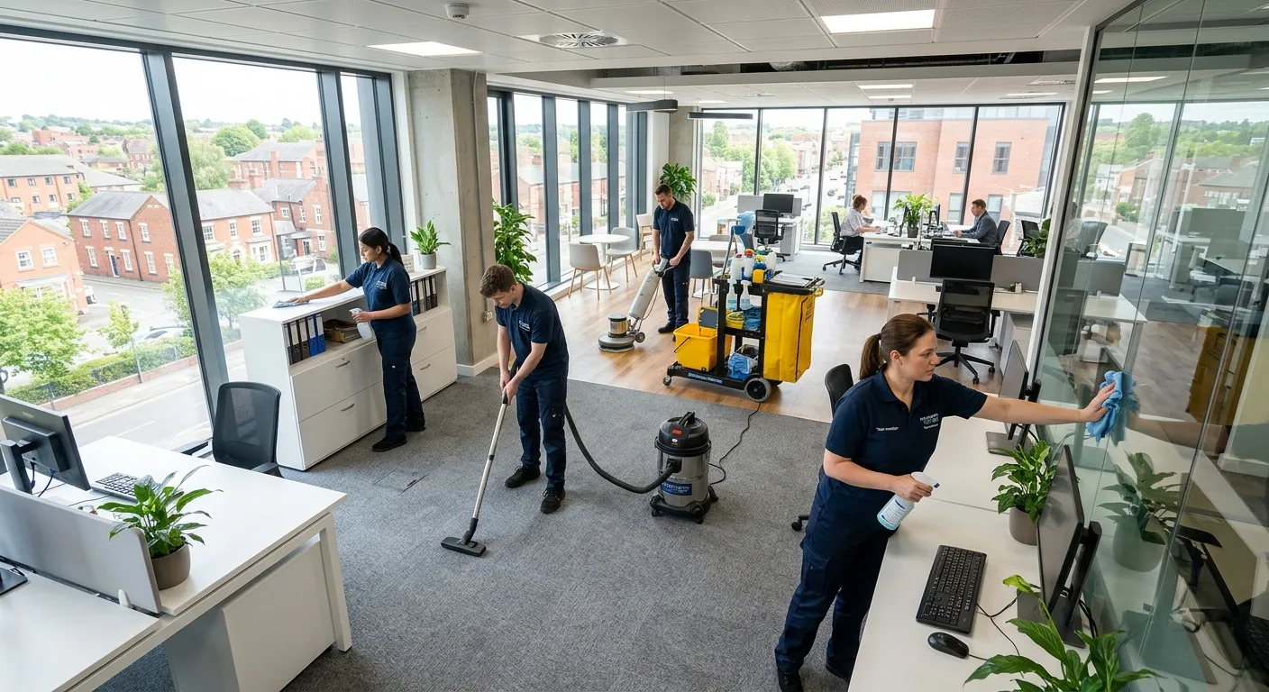 A professional, high-angle shot of a team of cleaners in crisp uniforms efficiently cleaning a moder... A professional, high-angle shot of a team of cleaners in crisp uniforms efficiently cleaning a modern office space in Stafford, showcasing teamwork and attention to detail.