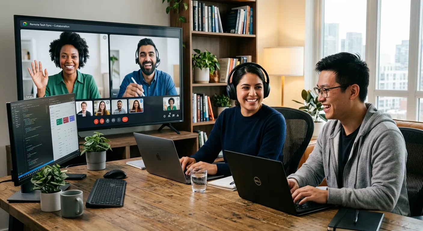 A diverse team of IT professionals working remotely on laptops in a modern home office setup, smilin... A diverse team of IT professionals working remotely on laptops in a modern home office setup, smiling and collaborating via video call. Professional and energetic mood.