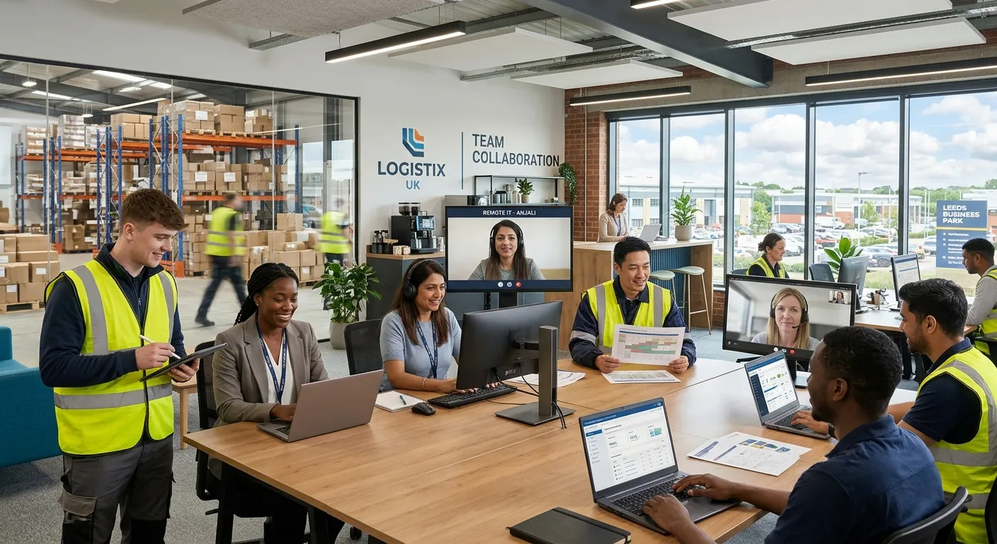 Modern hero image of a diverse team of temporary warehouse workers, office administrators, and remote IT support professionals collaborating in a bright UK business environment, with clean corporate lighting and a confident, professional mood
