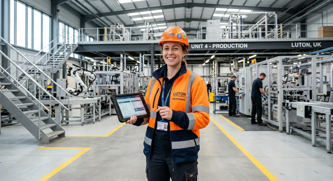 A professional, confident Maintenance Technician in hi-vis PPE, smiling and holding a tablet while standing in a modern, clean Luton-based industrial facility. The mood is industrious, positive, and trustworthy.