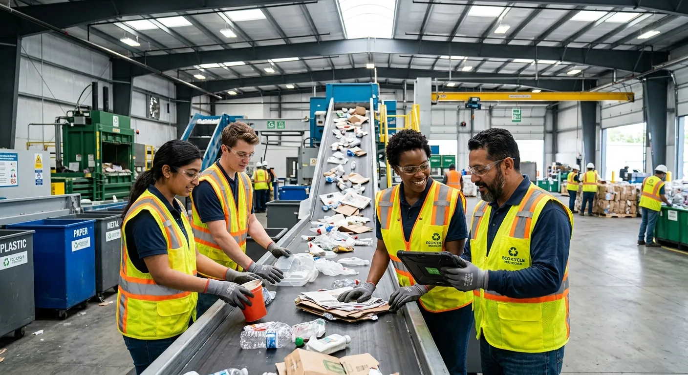 A professional hero image showing a diverse team of waste management and recycling facility workers in high-visibility vests, collaborating in a modern, clean recycling center. Bright lighting, focused mood.