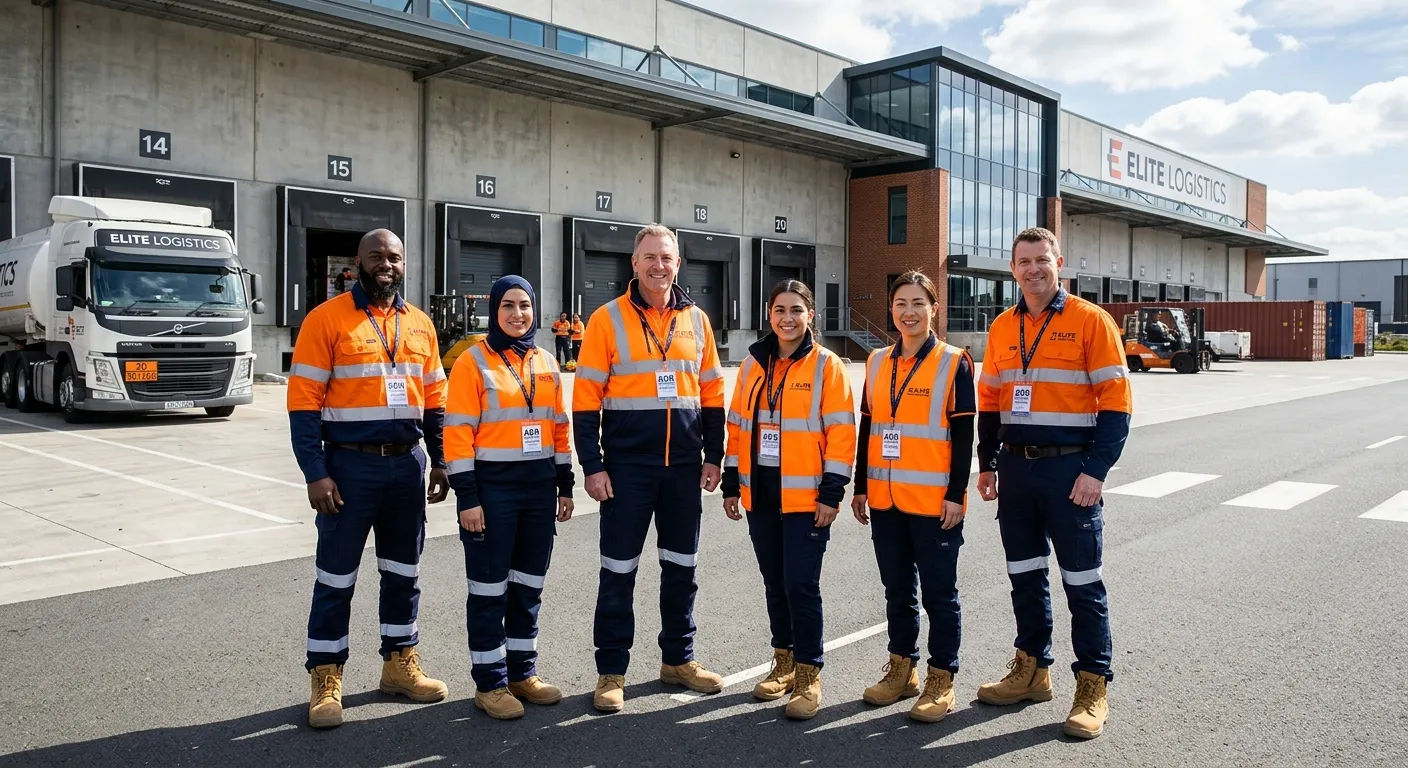 A professional, diverse team of ADR-certified drivers in high-visibility clothing, standing confidently in front of a modern logistics warehouse. Style: Corporate, inspiring, high-contrast. Mood: Professional, reliable, and efficient.